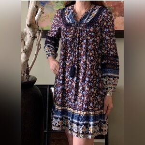 Sundance Black and Blue Floral croquet Long Sleeve boho cotton Dress size medium